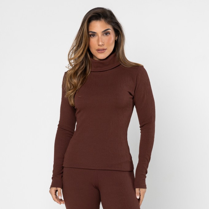 Blusa Manga Longa Jacquard Marrom Couro