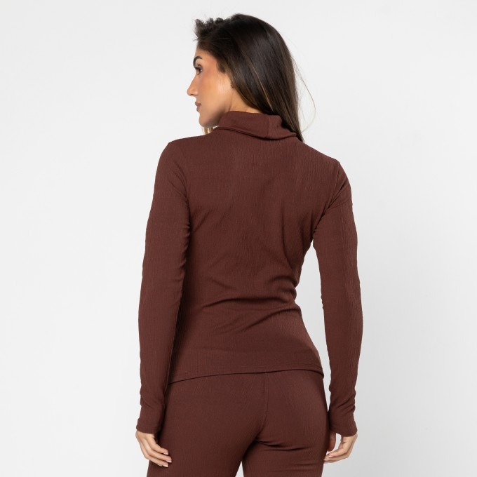 Blusa Manga Longa Jacquard Marrom Couro