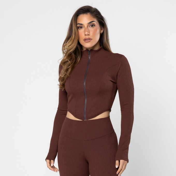 Casaco Cropped Bico Jacquard Marrom Couro