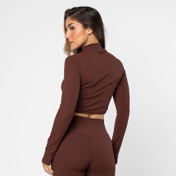Casaco Cropped Bico Jacquard Marrom Couro
